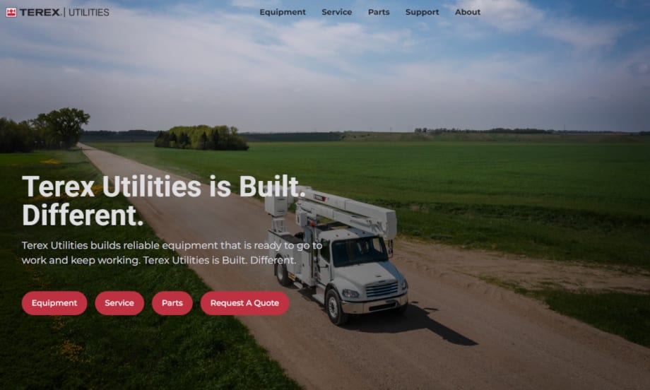 Screenshot of Terex Utilities website featuring a photo of a bucket truck driving down a road.