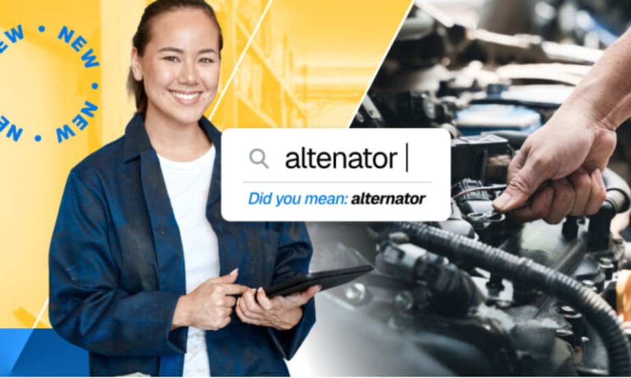 Technician using a tablet with an automotive search screen showing the word “altenator” corrected to “alternator,” representing Mitchell 1’s new “Did You Mean” feature.