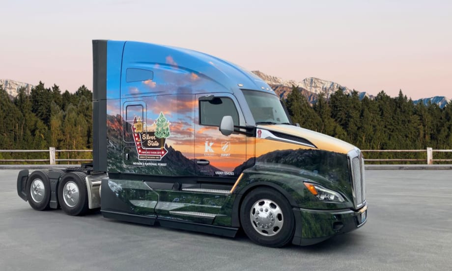 Kenworth T680 with a “Spirit of the Silver State” wrap for the 2025 U.S. Capitol Christmas Tree tour.