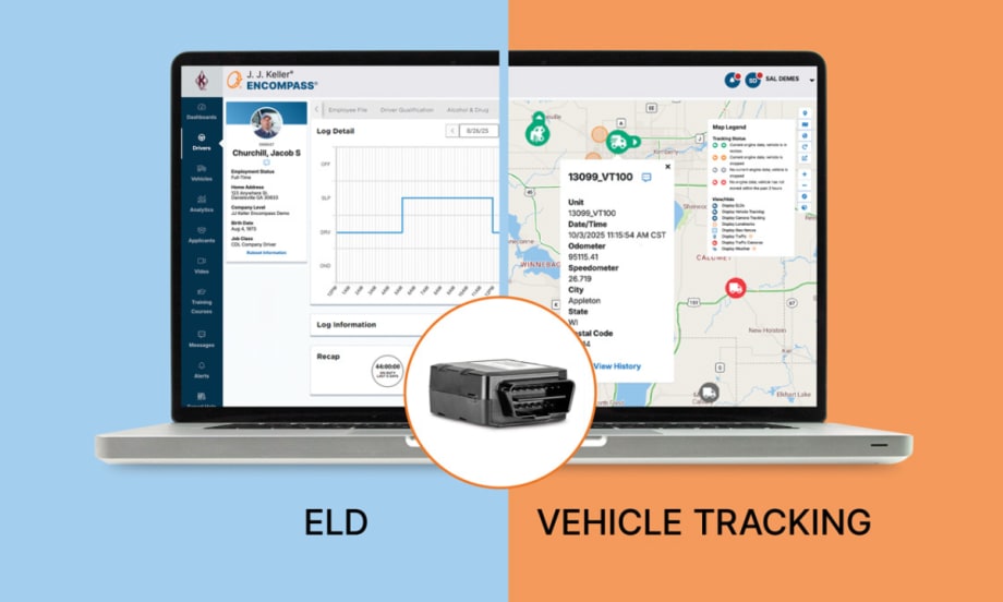J.J. Keller Encompass dashboard showing ELD logs and vehicle tracking map with VT100 telematics device.