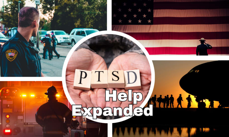 center circle image of PTSD Help Expanded surrounded by military and first responder images