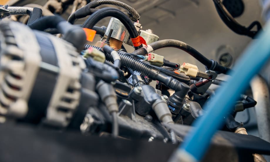 Close-up view of a propane autogas vehicle engine with wiring and components, representing technician training supported by PERC’s grant program.