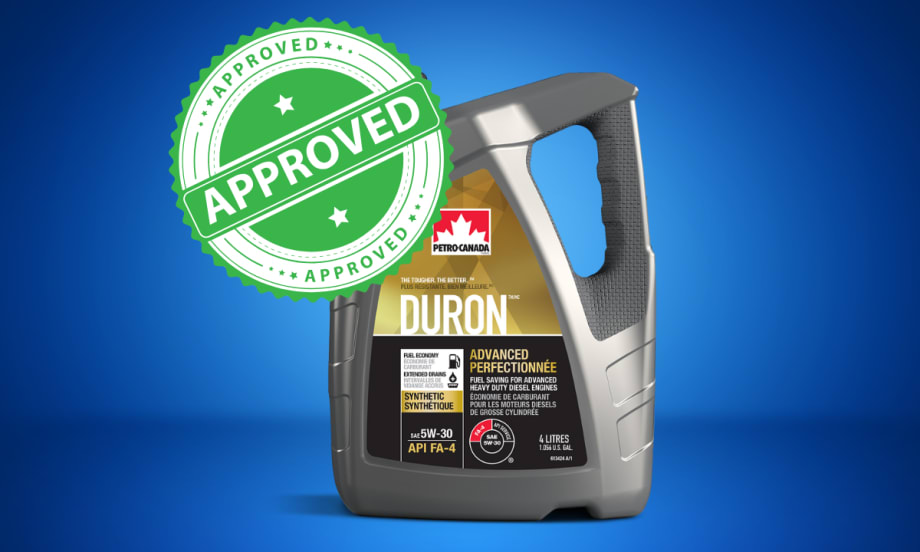 Image of a Petro-Canada Lubricants Duron Advanced 5W-30 container with an “Approved” stamp, highlighting its new Volvo and Mack engine approvals.