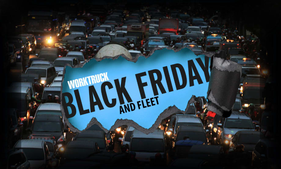 Work Truck Black Friday and Fleets on ripped paper over congested holiday traffic.