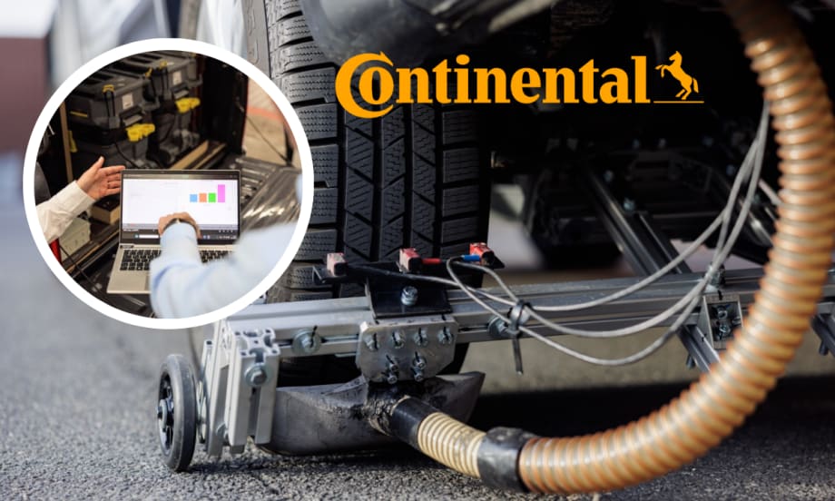 Photo of a vacuum device behind a car tire with inset logo for Continental and a round photo of two people looking at analytics chart.