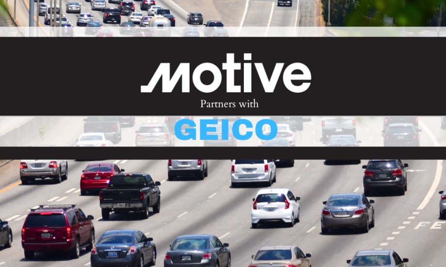 background image of highway traffic with black strip across middle and white logo for Motive with words Partners With and blue text GEICO.