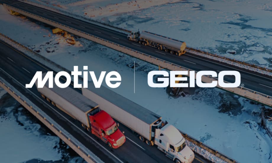 Aerial view of two semi-trucks on snowy highways with Motive and GEICO logos overlaid, representing a new safety and insurance partnership for commercial fleets.