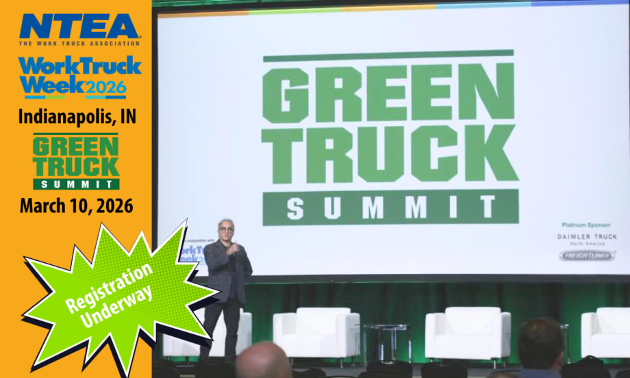 Man speaking on stage with huge screen that has Green Truck Summit logo. Left side of image has orange background and logos for NTEA, Work Truck Week, and Green Truck Summit.