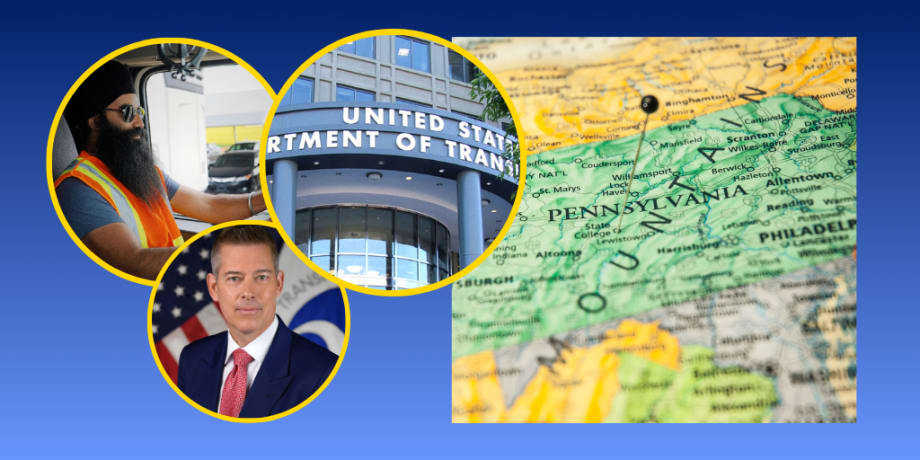 Graphic with Pennsylvania map and photos of a Sikh truck driver, DOT headquarters, and Transportation Secretary Sean Duffy