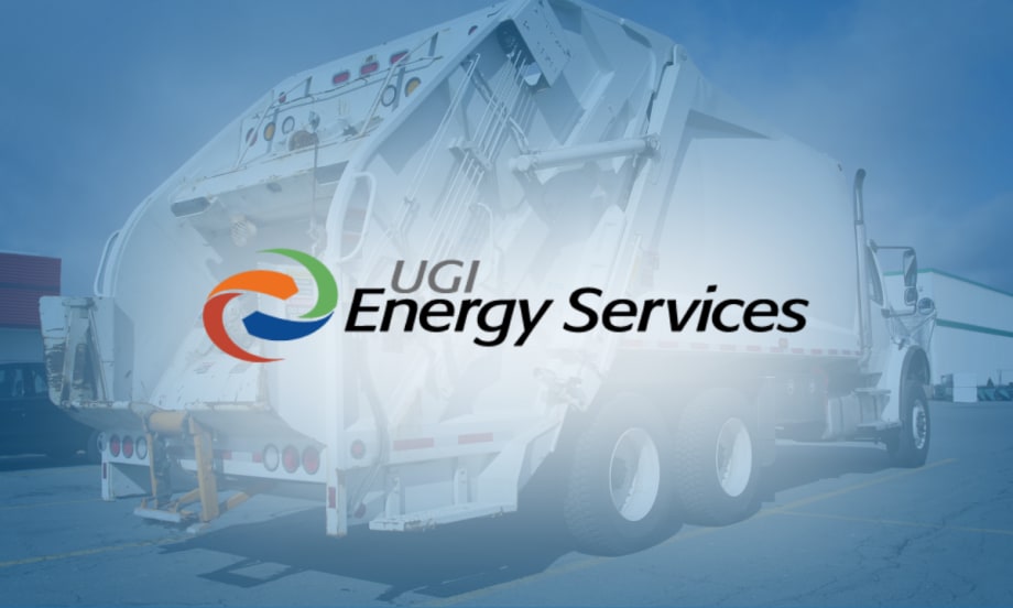 UGI Energy Services logo over an image of a CNG trash compactor truck, representing Philadelphia’s move to fuel refuse vehicles with renewable natural gas.