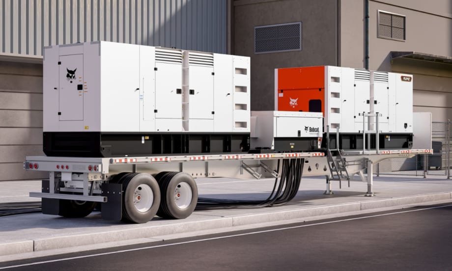 Bobcat PG1140 portable generator on a trailer, featuring dual generator units and heavy-duty power cabling for fleet and worksite power needs.