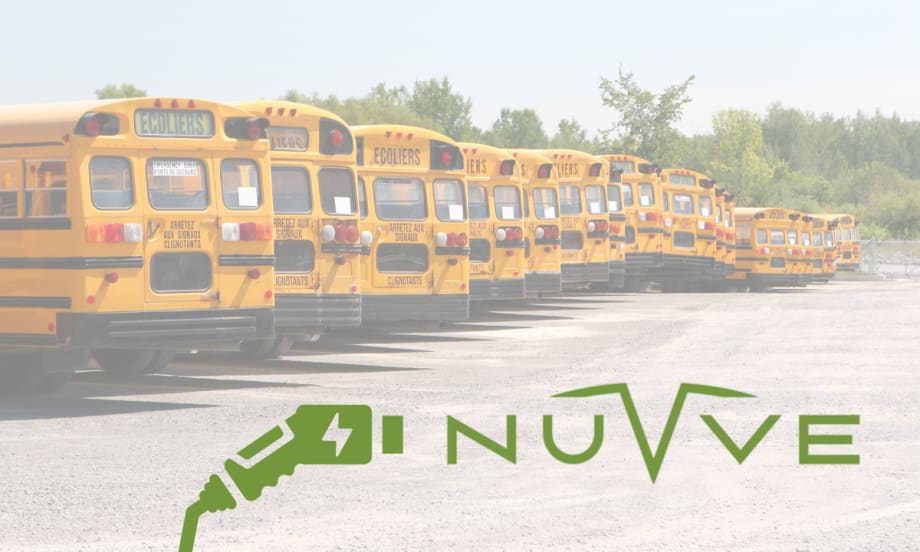 Row of yellow school buses parked in a lot with the Nuvve logo and an electric charging icon overlaid in the foreground.