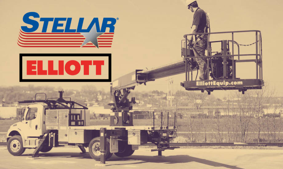 Sepia background photo of a man working on an aerial platform truck and inset logos for Stellar and Elliott.