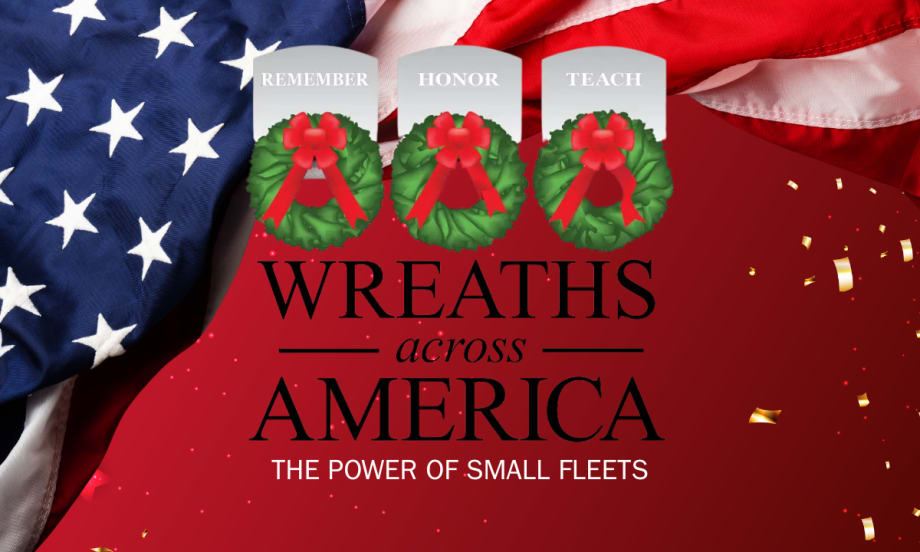 Wreaths Across America graphic highlighting the role of small fleets in delivering wreaths to honor veterans, featuring wreath icons and the American flag.