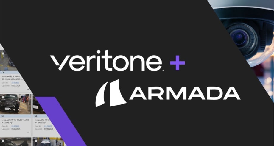 Black and purple background with logos for Veritone and Armada