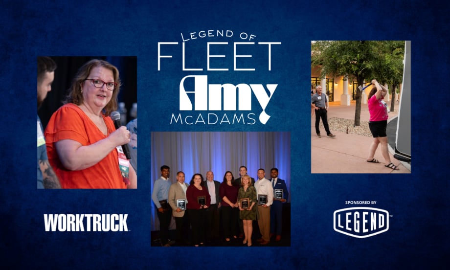 Collage of fleet leader Amy McAdams speaking, participating in an outdoor activity, and standing with colleagues at an awards event, featured in Work Truck’s Legend of Fleet series sponsored by Legend