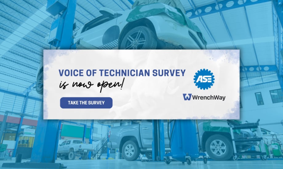 Promotional graphic for the “Voice of Technician Survey is now open” with ASE and WrenchWay logos and a “Take the survey” button over a vehicle service bay background.