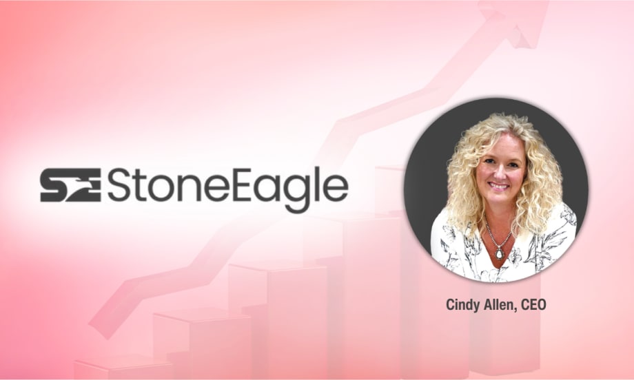 StoneEagle logo beside a headshot of Cindy Allen, CEO, on a pink background with a stylized upward-trending chart.