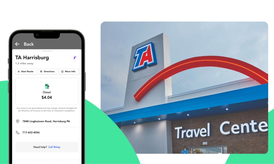 Inset photo to right of a TA Travel Center and inset photo on left of a phone screen with fuel payment app.