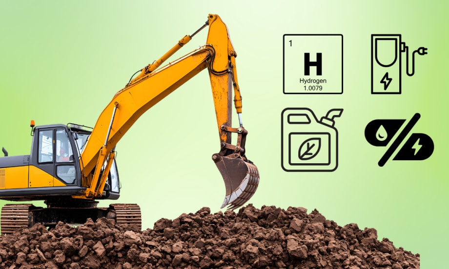 Yellow excavator digging in a dirt pile beside icons representing hydrogen, electric charging, renewable fuel and hybrid energy.