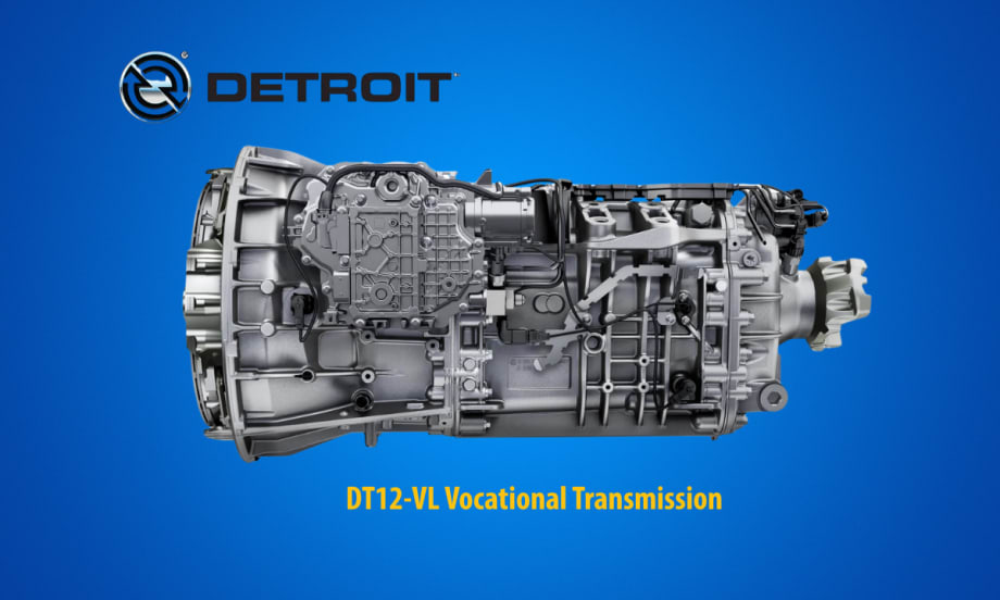 Heavy-duty truck transmission against a blue background with logo for Detroit and yellow text that says DT12-VL vocational transmission.