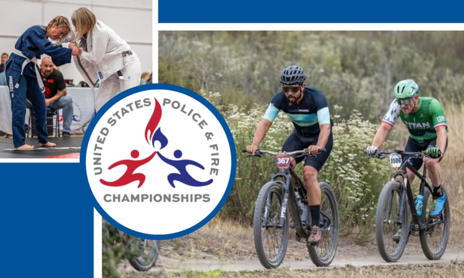 image of men on bicycles and women competing in martial arts and a log for the US Police & Fire Championships