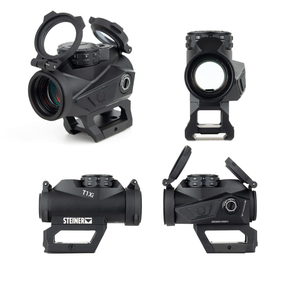 white background with four views of a rifle red dot sight.