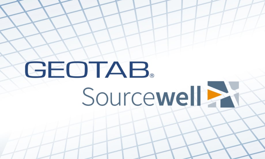 Graphic showing Geotab and Sourcewell logos on a light background with grid lines, indicating a cooperative purchasing agreement for public sector fleet solutions.