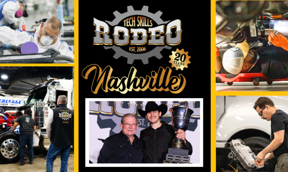 Black background with logo for Rush Rodeo in the middle above a photo of a winner accepting a trophy and two images on either side depicting truck repair.