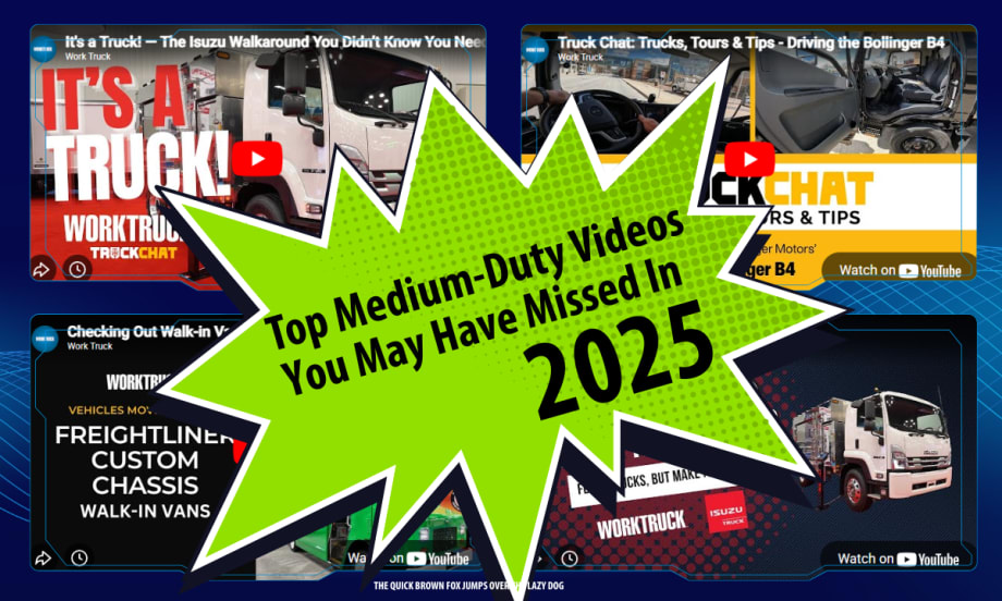 Four video thumbnails against a blue background with bright green starburst with inset headline Top Medium-Duty Videos You May Have Missed In 2025.