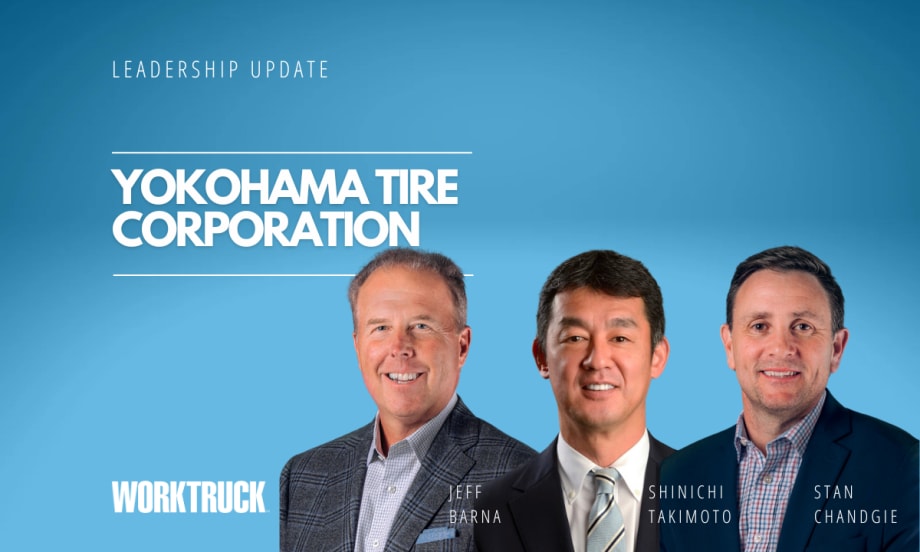 Three men in business attire against a blue background and headline for Yokohama Tire Corporation.