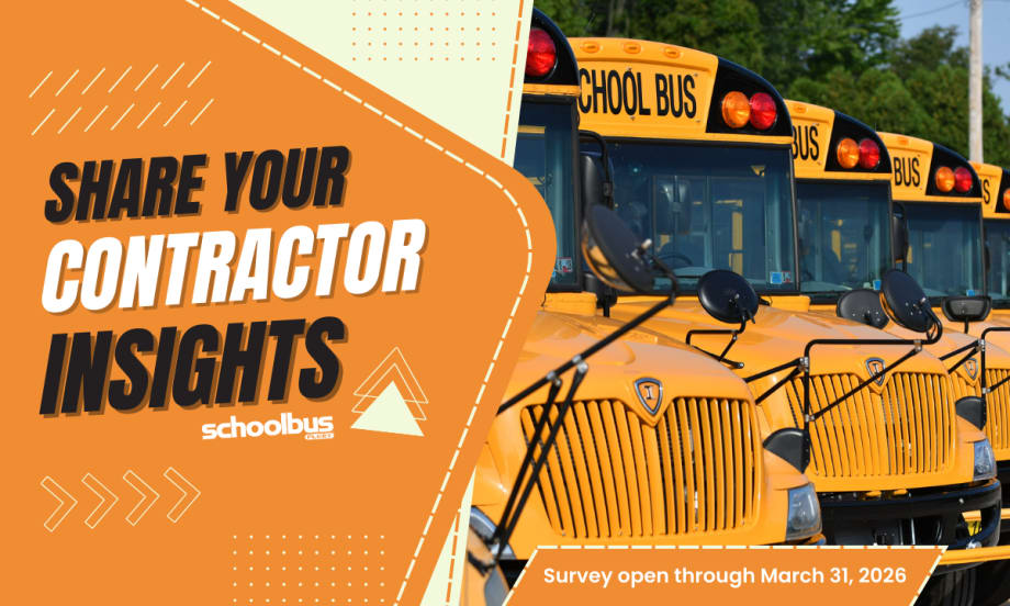 a row of school buses with text next to it in an orange box that says "Share your contractor insights" and the school bus fleet logo