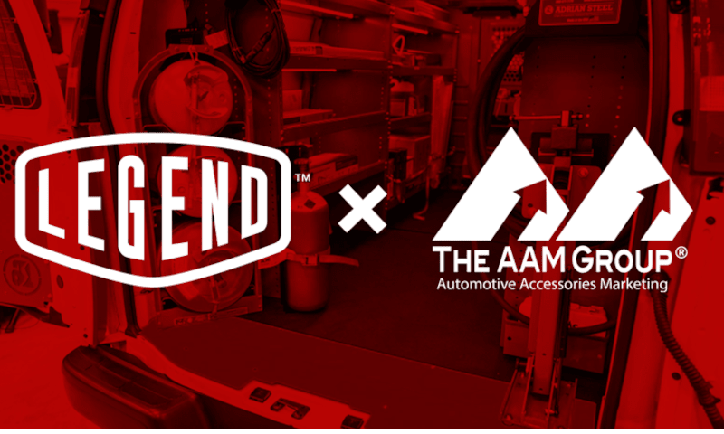 Red tinted background image of a man working inside a cargo van with inserted logo images for Legend and The AAM Group.