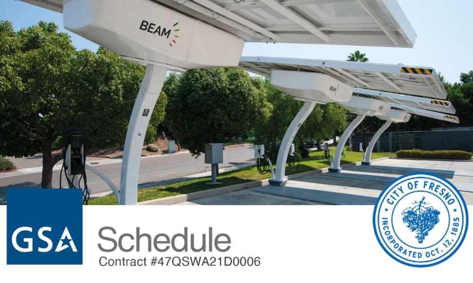 Off-grid Beam Global EV ARC charging systems installed at the City of Fresno Municipal Service Center Yard, featuring solar canopies and EV chargers used by the city’s electric vehicle fleet.