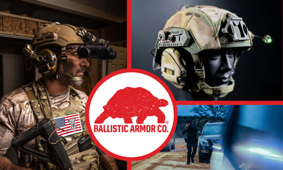 three background images - man in tactical gear, image of ballistic helmet, photo of police officer in tactical gear approaching a car, and a circle with logo for Ballistic Armor Co.