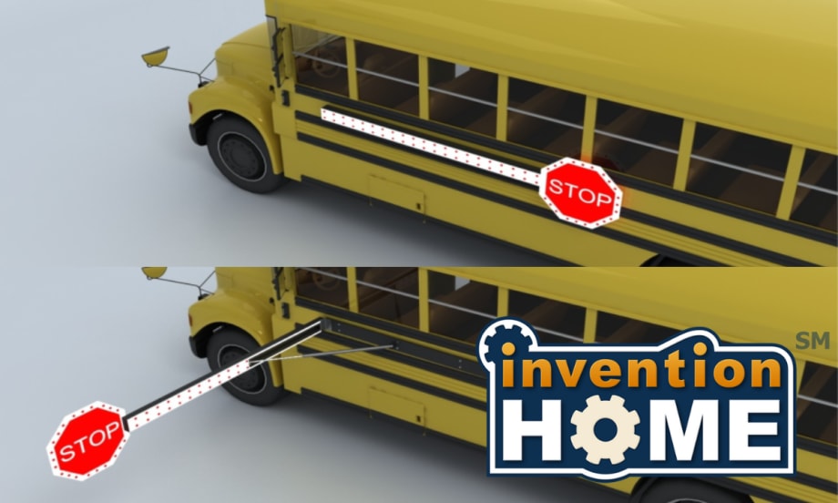 Illustration showing a school bus with a standard stop arm and a deployed retractable safety barrier extending across the roadway to block passing vehicles.