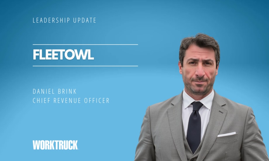 Man in business attire against a blue background with text for Leadership Update, FleetOwl, the man's name and title, and a logo for Work Truck.