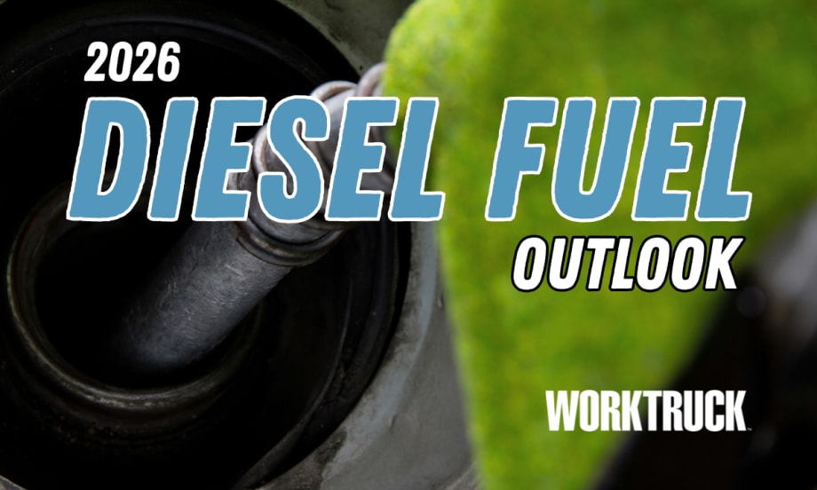 Background closeup image of a green fuel handle and headline 2026 Diesel Fuel Outlook and a logo for Work Truck.