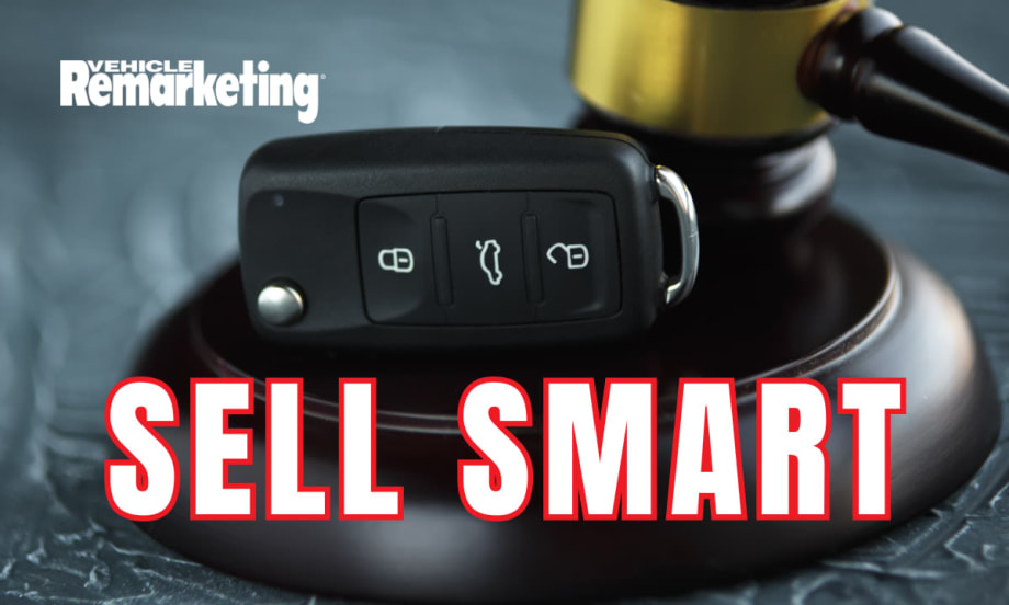 Car key fob resting on an auction gavel with text “Sell Smart,” representing fleet remarketing decisions and how resale value is influenced by what buyers can verify.