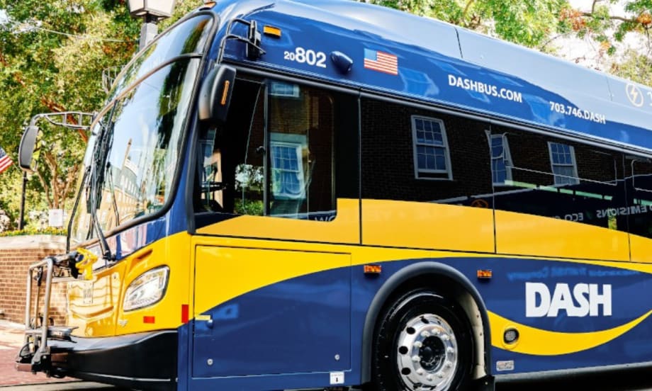 A DASH electric bus parked on a city street in Alexandria, Virginia.