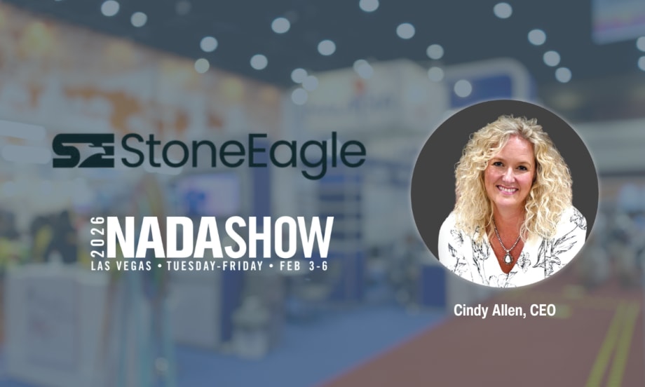 Graphic promoting StoneEagle at the 2026 NADA Show in Las Vegas, featuring a photo of CEO Cindy Allen.