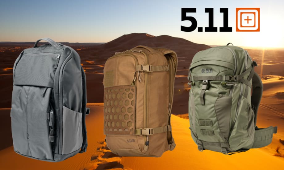 Three tactical backpacks set against a desert background with an inset logo for 5.11.