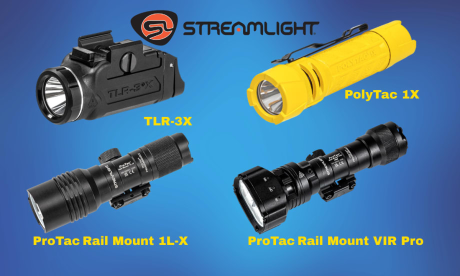 Blue background with Streamlight logo at top and inset images of one handgun light, two rifle lights, and one handheld light.
