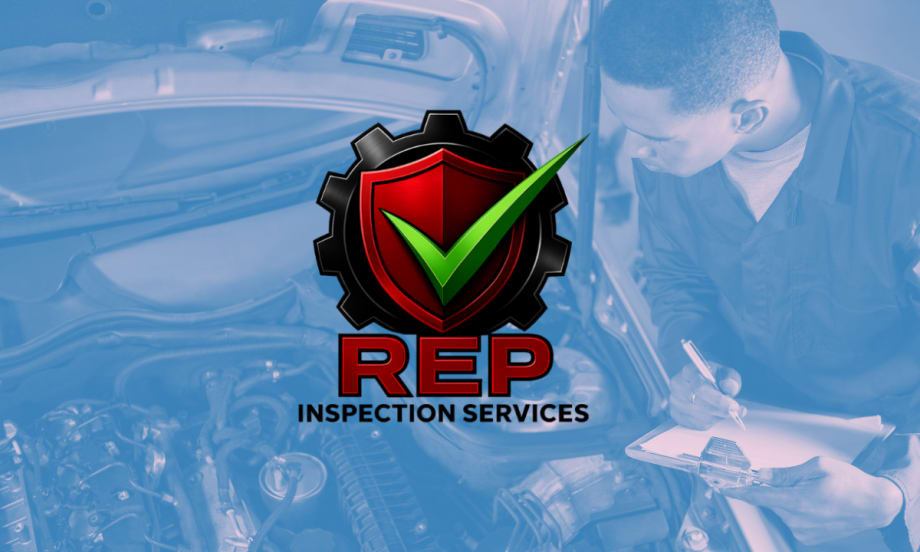 Tinted blue background image of man with clipboard inspecting a car and a logo for REP Inspection Services.