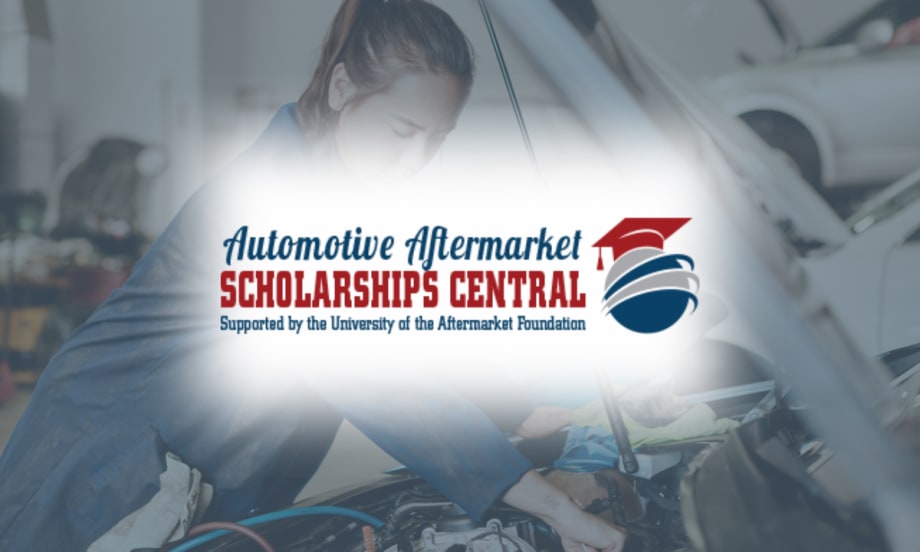 Automotive Aftermarket Scholarships Central logo over a background of a technician working under a vehicle hood.