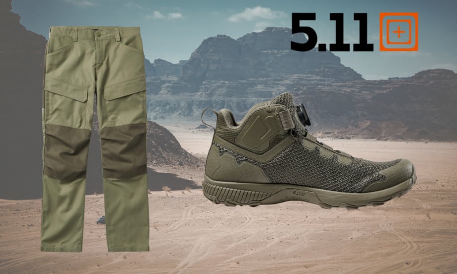 backgroudn image of desert with inset 5.11 logo and images of pant and boot.