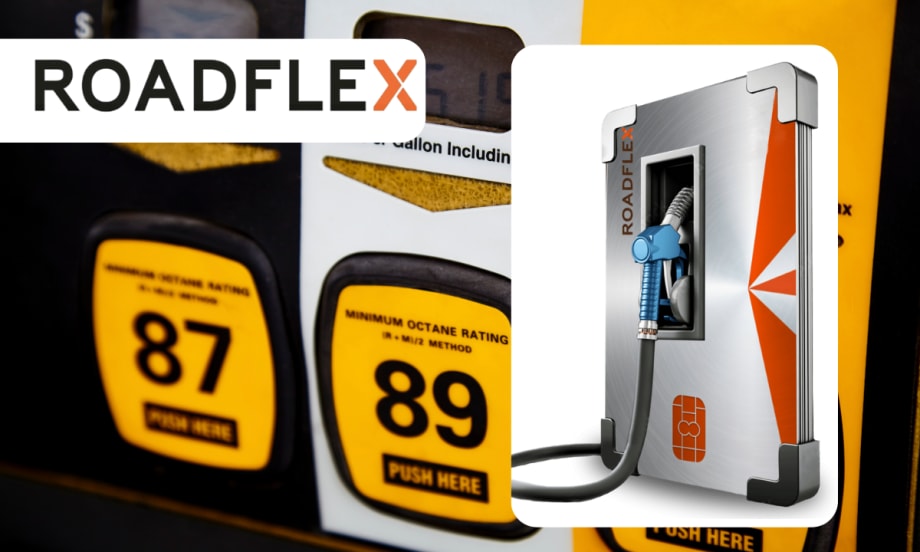 Background image of fuel pumps with inset logo for RoadFlex and a fuel card.
