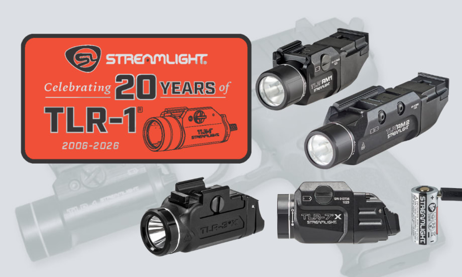 faint background image of handgun and weapons light with inset photos for Streamlight 20th anniversary of TLR and multiple images of various TLR weapon lights.