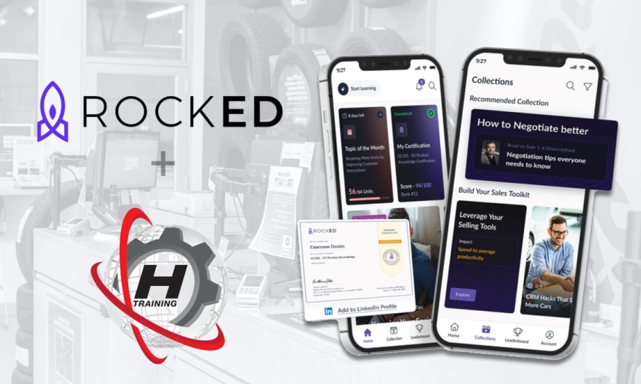 Auto service background image, logos for RockEd and Hunter, and inset photos of training material on phone screens.