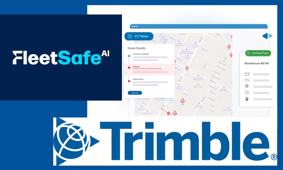 Blue background with inset screenshot of a navigation app map and logos for FleetSafe.ai and Trimble.